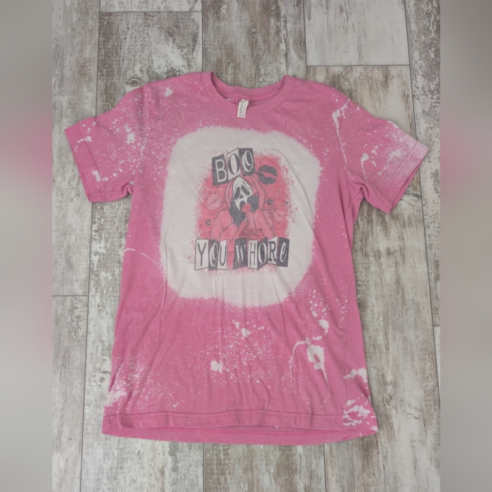 Bella Canvas Pink Bleach-Splash Graphic Tee with Skull Print